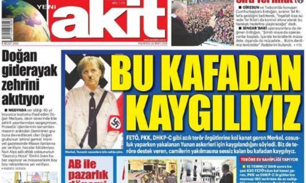 بالصور.. تركيا تطبع صورة لميركل "بشنب هتلر" وتصفها بـ "الخالة القبيحة"